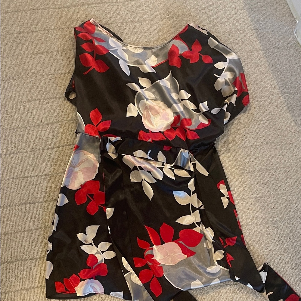 BCBG Floral Black and Red Satin Dress